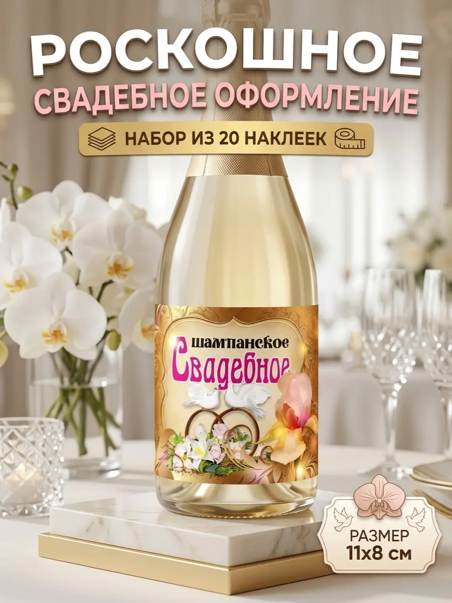 Нажмите, чтобы увеличить Роскошные наклейки для свадебного шампанского — завершающий штрих для идеального торжества, 20 шт., 11×8 см