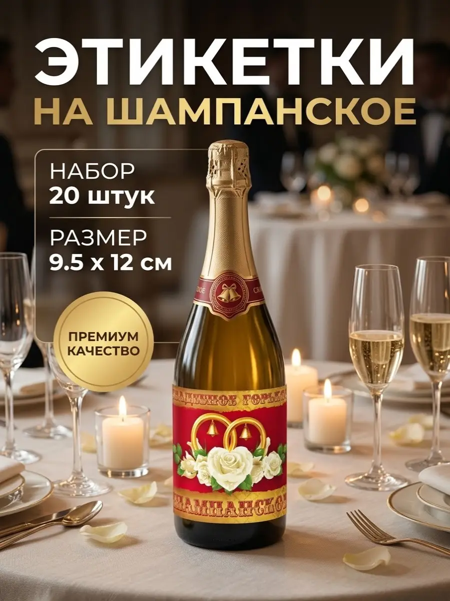 Нажмите, чтобы увеличить Премиальные этикетки для свадебного шампанского — торжественный штрих для идеального праздника, 20 шт., 9,5×12 см