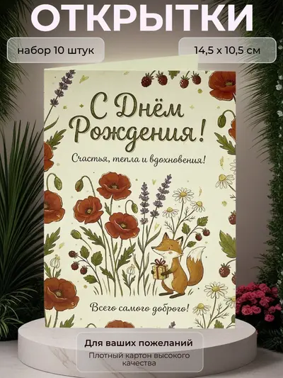 Открытка с Днём Рождения "Счастья, тепла и вдохновения!", набор 10 шт., 10,5 х 14,5 см.