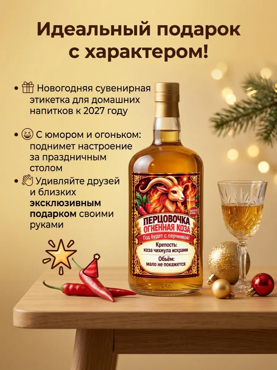 Нажмите, чтобы увеличить Наклейки на бутылку для Нового года "Перцовочка Огненная коза", 12 шт., 7,5х10,5 см