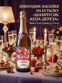 Наклейки на бутылку для Нового года "Шампусик: Коза-Дереза", 12 шт., 7,5х10,5 см
