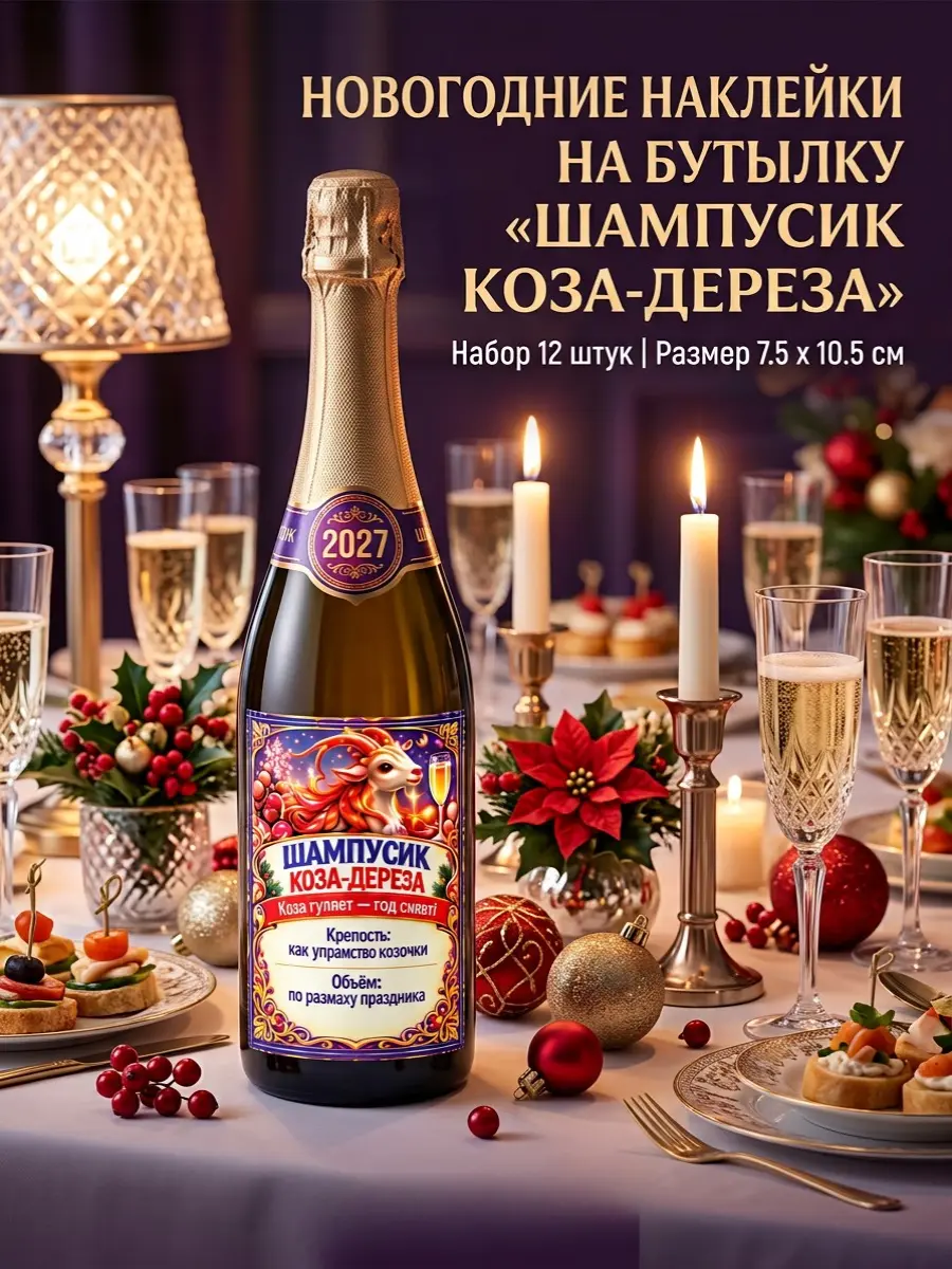 Нажмите, чтобы увеличить Наклейки на бутылку для Нового года "Шампусик: Коза-Дереза", 12 шт., 7,5х10,5 см