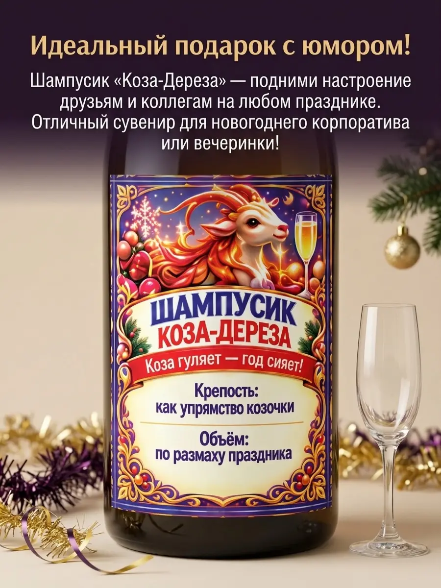 Нажмите, чтобы увеличить Наклейки на бутылку для Нового года "Шампусик: Коза-Дереза", 12 шт., 7,5х10,5 см