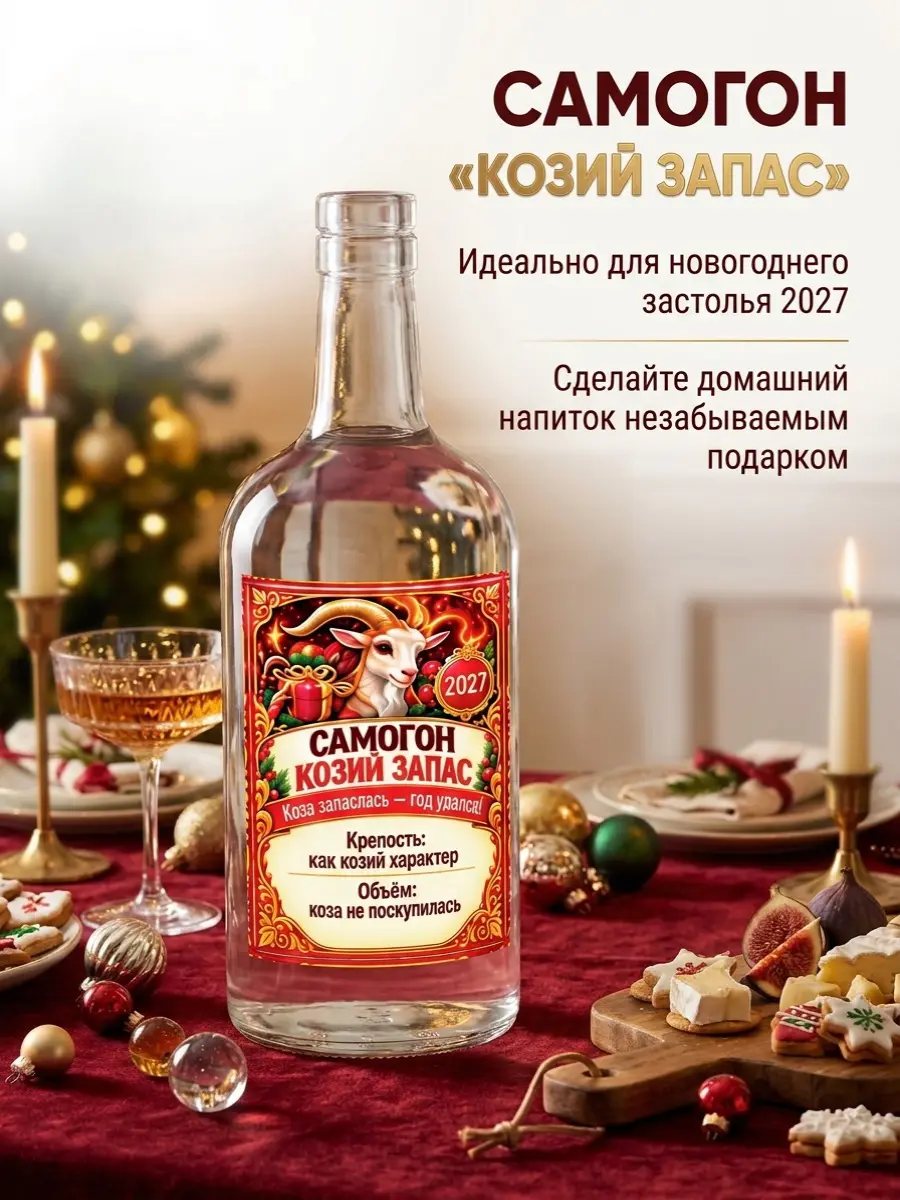 Нажмите, чтобы увеличить Наклейки на бутылку для Нового года "Самогон: Козий запас", 12 шт., 7,5х10,5 см